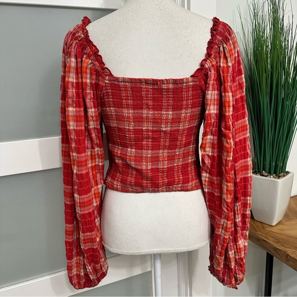 Free People Cherry Bomb Balloon Sleeve Madras Plaid Top Red Hot Medium Milkmaid - Picture 10 of 11